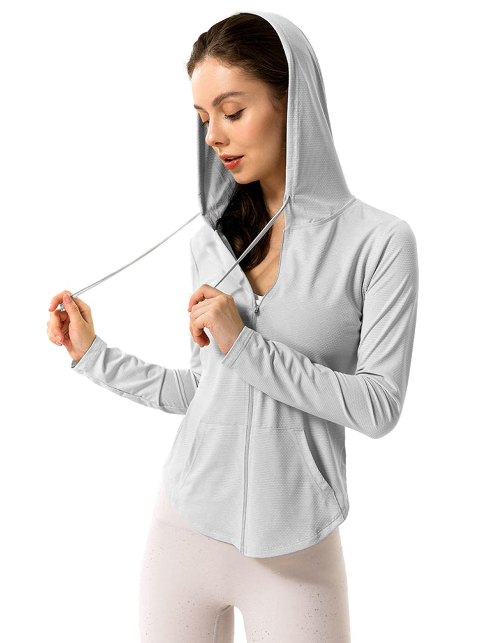 Hanyomo Women's Long Sleeve UPF 50+ Sun Protection Jacket Hooded Fitness Shirt with Pockets Yoga Full Zip Athletic Grey M