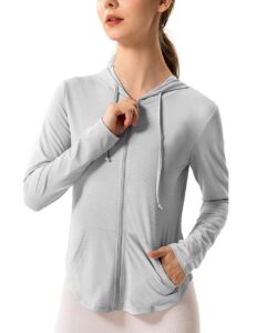 hanyomo women's long sleeve upf 50+ sun protection jacket hooded fitness shirt with pockets yoga full zip athletic grey m