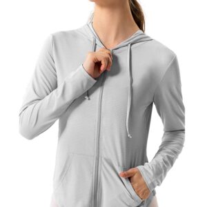 Hanyomo Women's Long Sleeve UPF 50+ Sun Protection Jacket Hooded Fitness Shirt with Pockets Yoga Full Zip Athletic Grey M