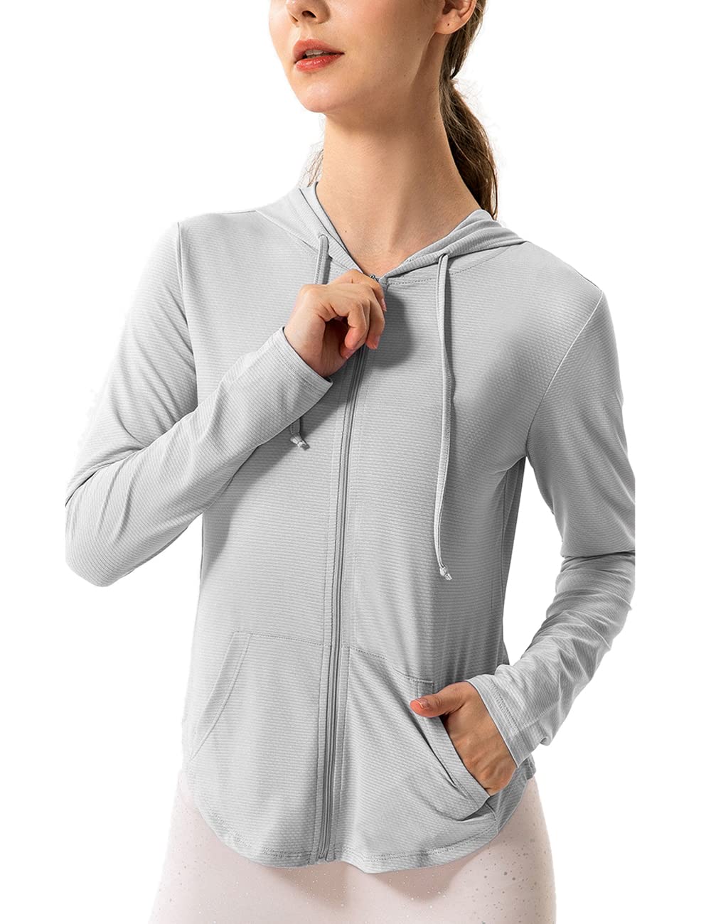 Hanyomo Women's Long Sleeve UPF 50+ Sun Protection Jacket Hooded Fitness Shirt with Pockets Yoga Full Zip Athletic Grey M