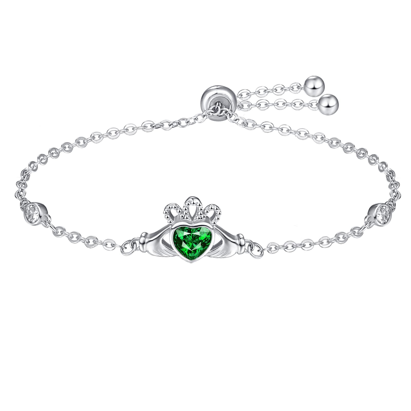 Dreamboat Claddagh Bracelet Irish Jewelry for Women Heart Bracelets Emerald Green Bracelets May Birthstone Bracelet Sterling Silver Adjustable Bracelets Birthday Gifts for Mom