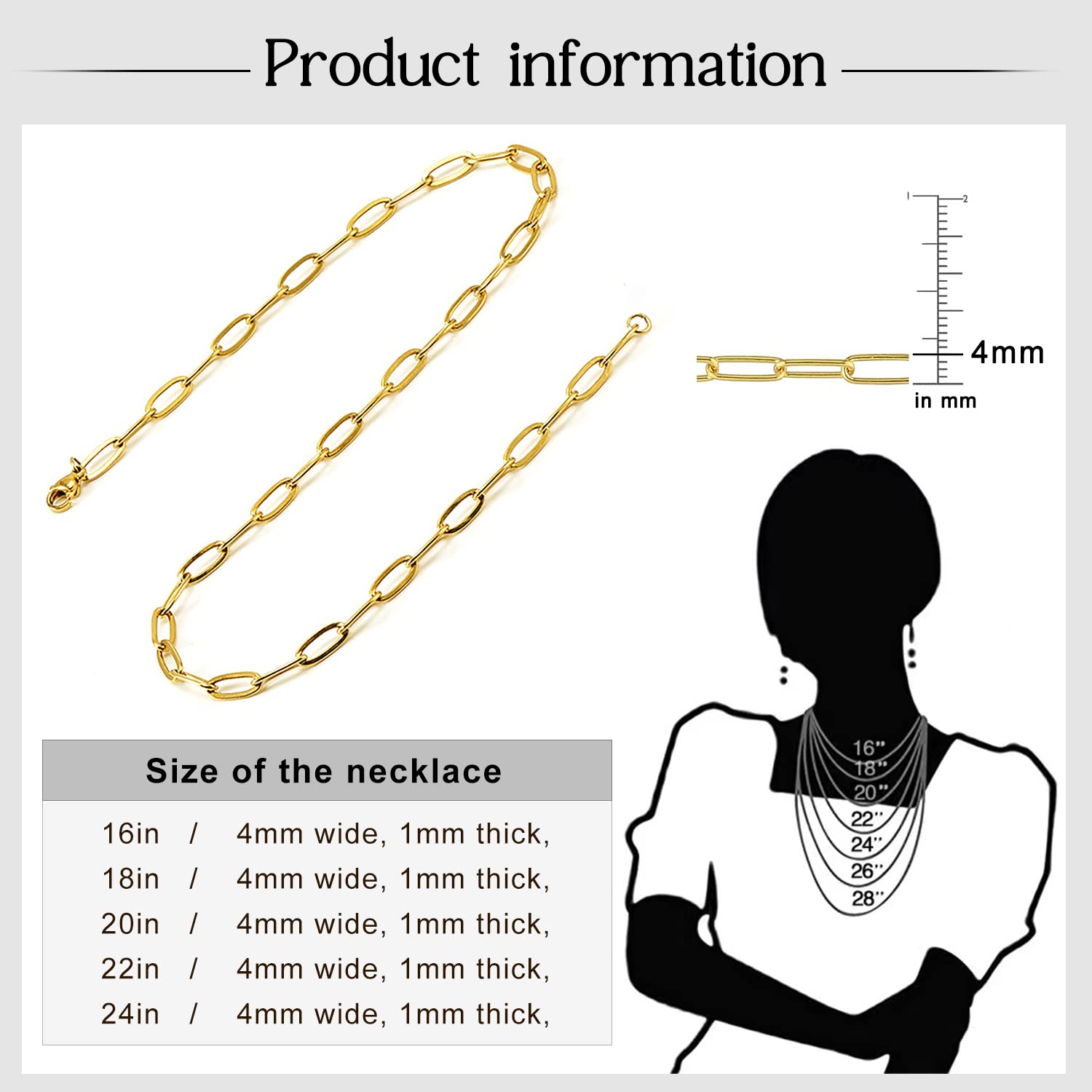 PICKBEAU 18K Gold Plated Paperclip Chain Necklace for Women 3.0MM Gold Chain Necklace, Chain Link Necklace for Men Women Unisex Multiple Length Size-18in