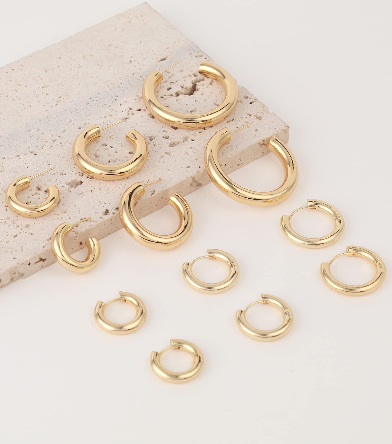 6 Pairs Gold Hoop Earrings Set 14k Gold Plated Huggie Earrings Hypoallergenic Chunky Twisted Thick Jewelry for Multiple Piercing Christmas Gift for Women (6 pairs gold hoop style-04)