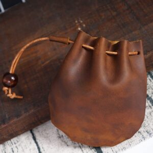 Wugebud 1 Pcs Mini Leather Drawstring Coin Purse Vintage Leather Coin Bag, Coin Organizer, Change Holder,Leather Drawstring Pouch for Men & Women