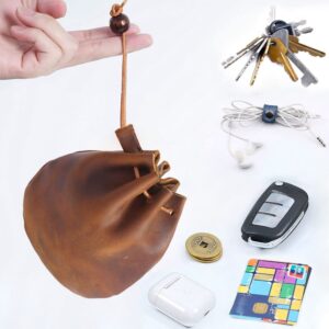 Wugebud 1 Pcs Mini Leather Drawstring Coin Purse Vintage Leather Coin Bag, Coin Organizer, Change Holder,Leather Drawstring Pouch for Men & Women