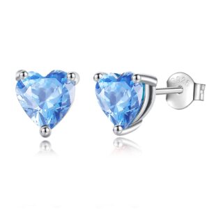 Vito 925 Sterling Silver Birthstone March Stud Earrings for Women, Cubic Zirconia Hypoallergenic Heart Aquamarine Ear Studs Jewelry Gift for Sister Daughter on Birthday