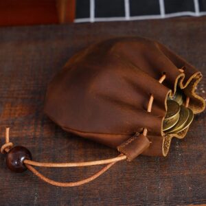 Wugebud 1 Pcs Mini Leather Drawstring Coin Purse Vintage Leather Coin Bag, Coin Organizer, Change Holder,Leather Drawstring Pouch for Men & Women