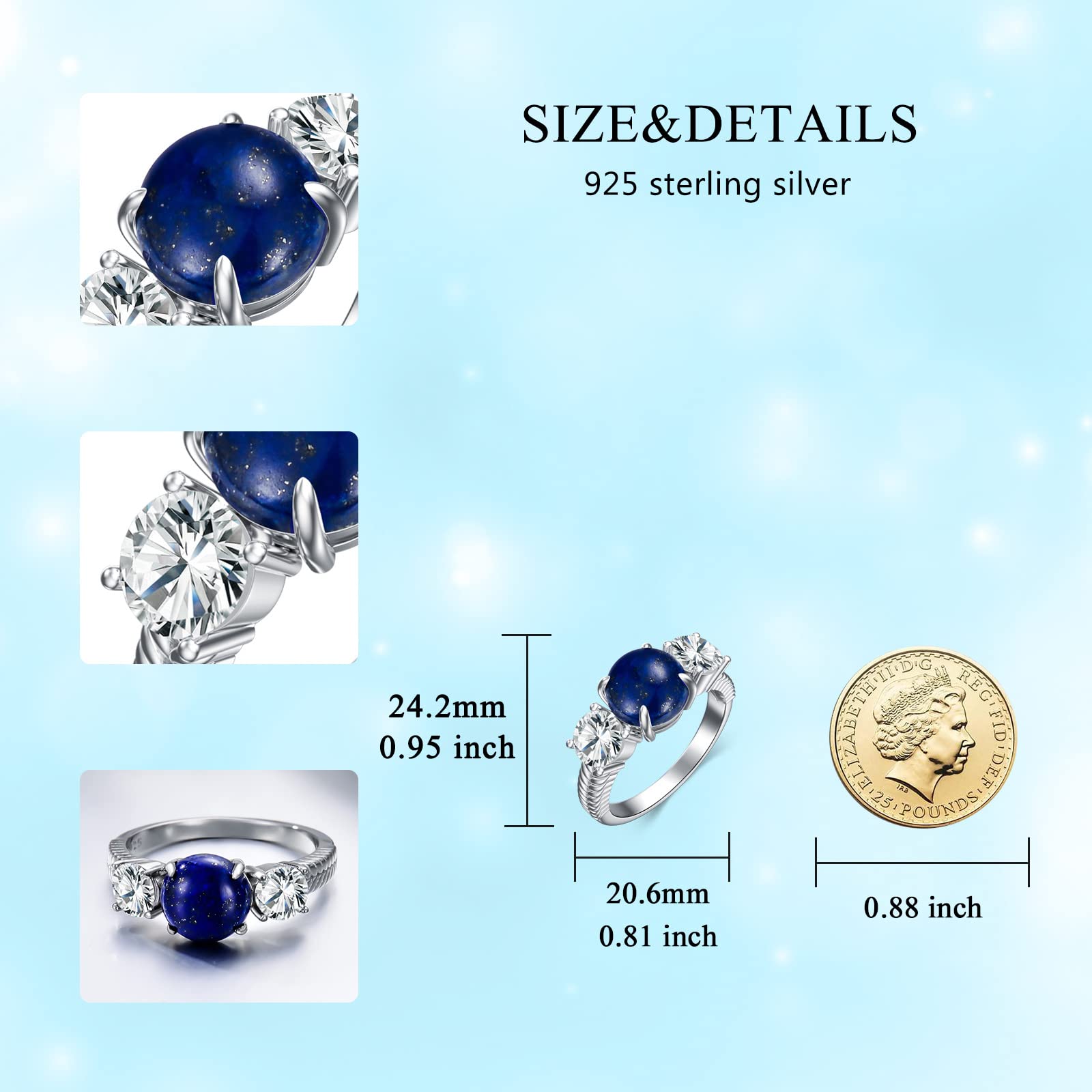 BETHZA Lapis Ring Sterling Silver For Women Natural Blue Lapis Lazuli Ring Size 8 Blue Stone Ring September Birthstone Rings Blue Gemstone Rings For Teen Girls