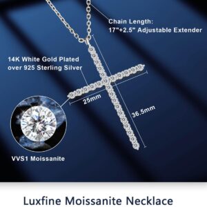 Luxfine Moissanite Cross Necklace for Women, Sterling Silver Diamond Crucifix Pendant, White Gold Plated Iced Out Jewelry, Metal, Moissanite