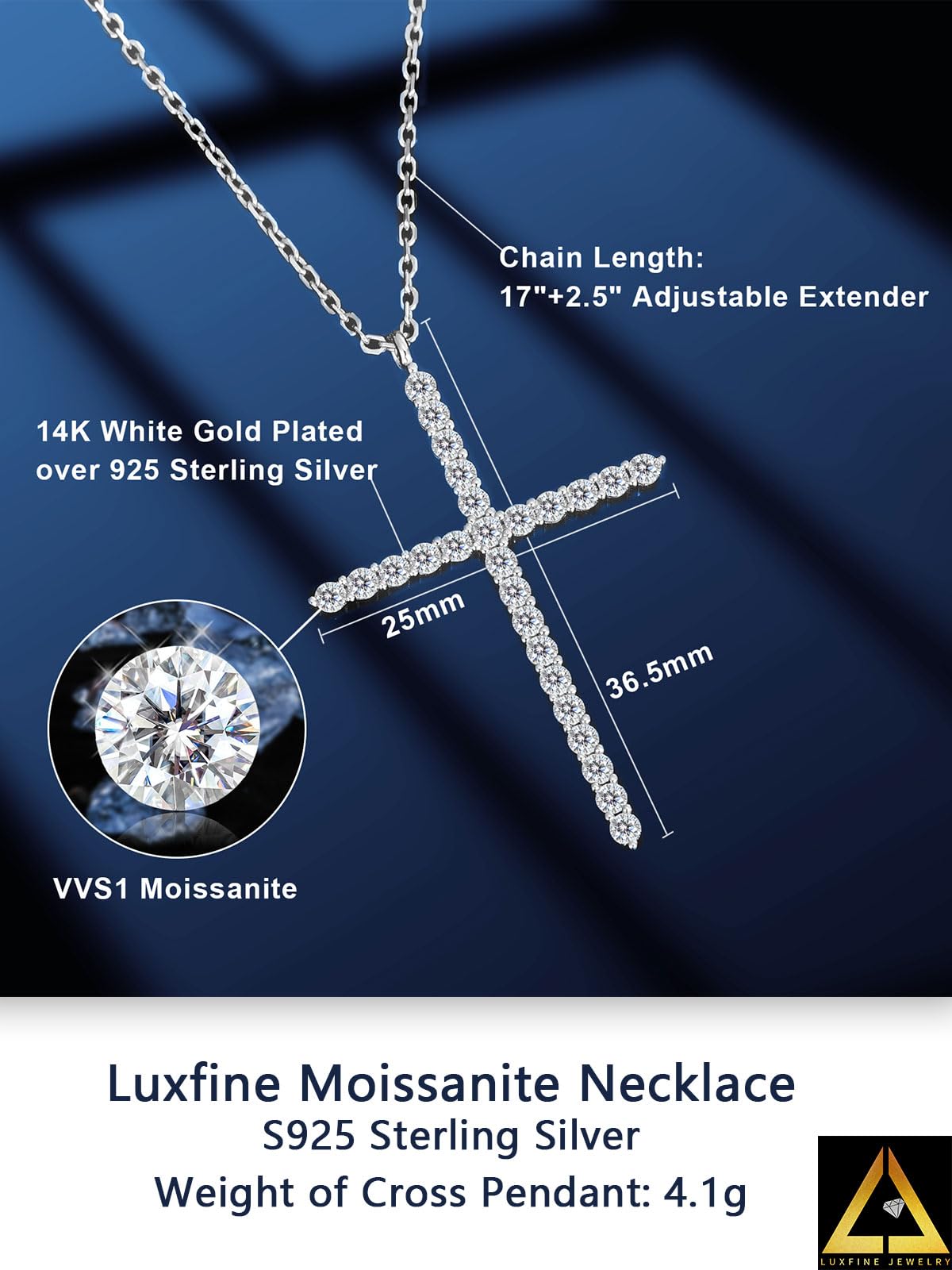 Luxfine Moissanite Cross Necklace for Women, Sterling Silver Diamond Crucifix Pendant, White Gold Plated Iced Out Jewelry, Metal, Moissanite