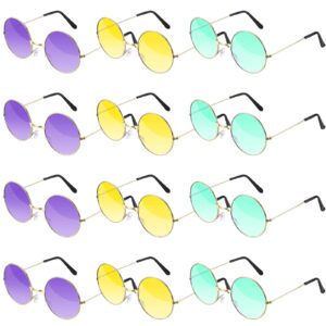 12 pairs disco round hippie sunglasses party bachelorette glasses small retro polarized glasses clear colored lens circle mardi gras decorations for men women rave wear yellow purple and green