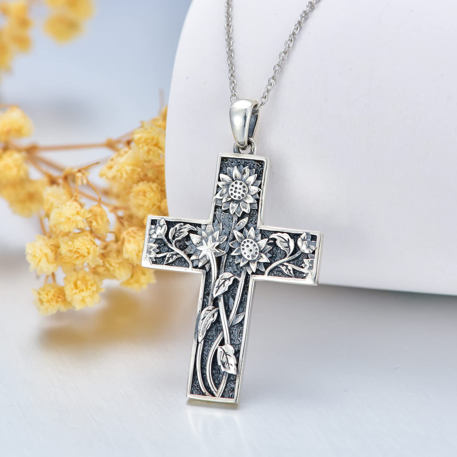 PROESS Cross Necklace For Women 925 Sterling Silver Sunflower Necklace Sunflower Cross Pendant Sunflower Gifts