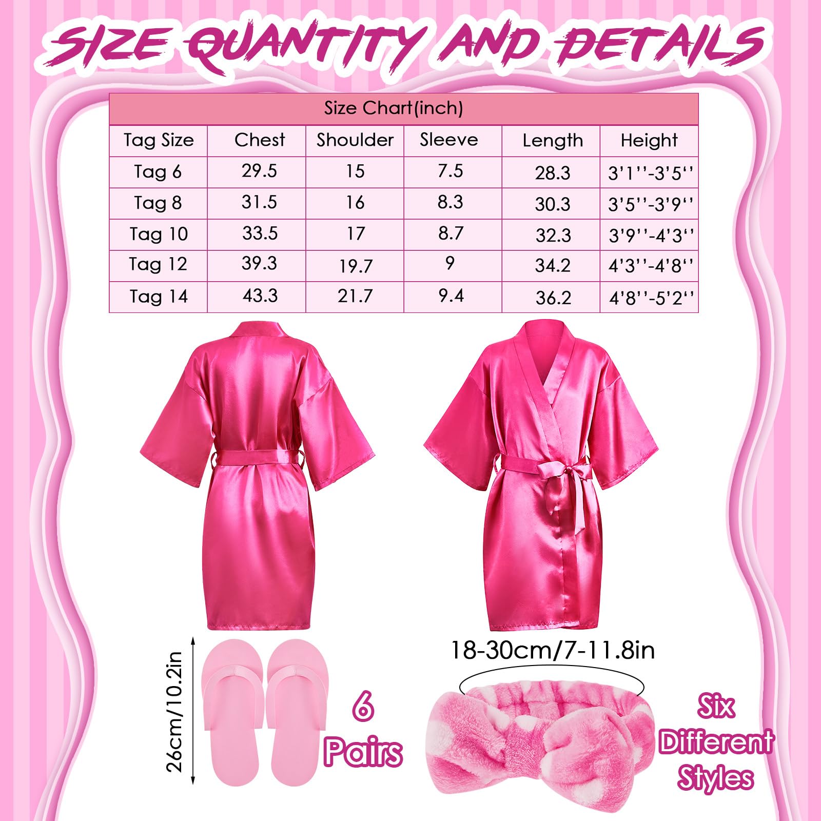 Jecery 18 Pcs Spa Party Supplies for Girls 6 Satin Kimono Robe 6 Spa Headband 6 Disposable Foam Pedicure Slippers (Rose,Size 8)