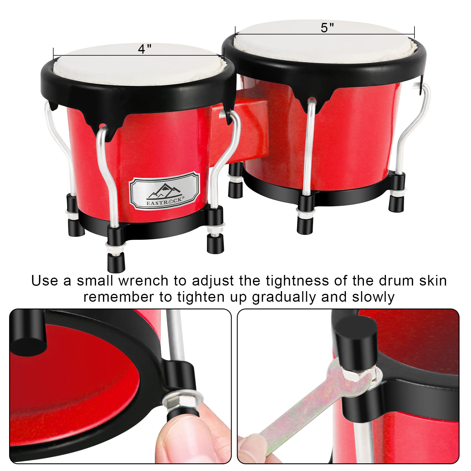 EastRock Bongo Drum 4” and 5” Set for Adults, Beginners,Percussion Bongos Drum With Tuning Wrench (Red)