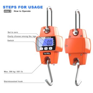 300kg / 660lb Portable Digital Crane Scale with Hooks, High Accuracy Heavy Duty Electronic Hanging Scale for Farm Hunting Fishing Outdoor (Orange)