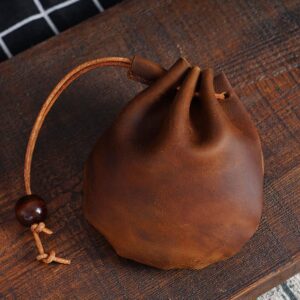 Wugebud 1 Pcs Mini Leather Drawstring Coin Purse Vintage Leather Coin Bag, Coin Organizer, Change Holder,Leather Drawstring Pouch for Men & Women