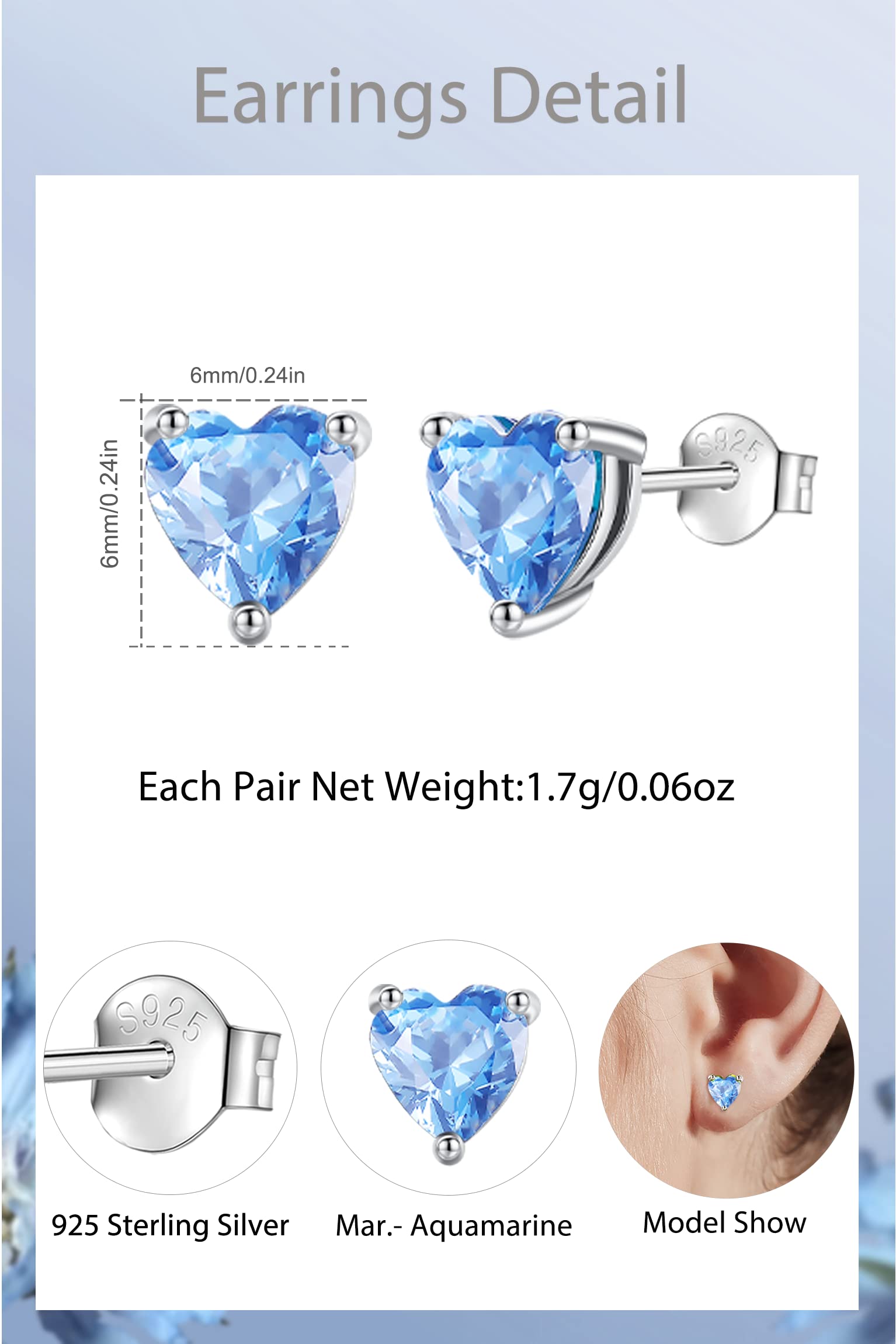 Vito 925 Sterling Silver Birthstone March Stud Earrings for Women, Cubic Zirconia Hypoallergenic Heart Aquamarine Ear Studs Jewelry Gift for Sister Daughter on Birthday