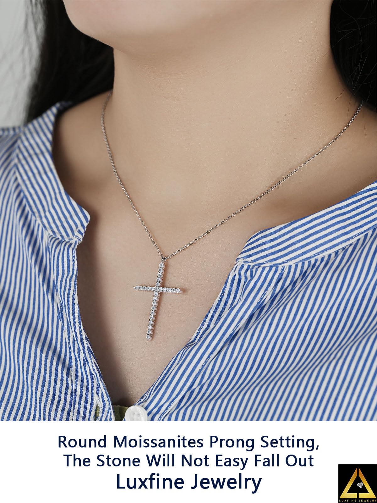 Luxfine Moissanite Cross Necklace for Women, Sterling Silver Diamond Crucifix Pendant, White Gold Plated Iced Out Jewelry, Metal, Moissanite