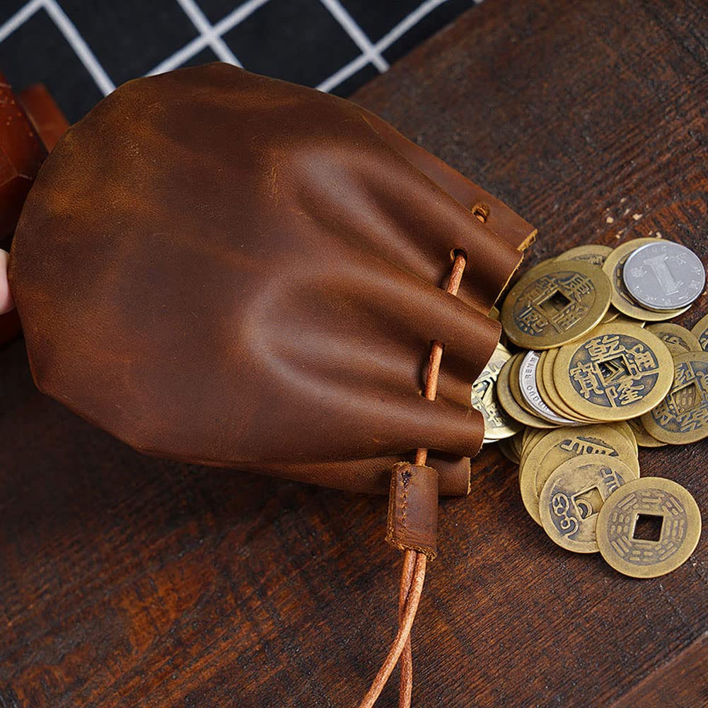 Wugebud 1 Pcs Mini Leather Drawstring Coin Purse Vintage Leather Coin Bag, Coin Organizer, Change Holder,Leather Drawstring Pouch for Men & Women