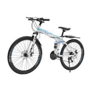 mignonnememe 26" mountain bikes 21 speed mountain bicycles foldable road bikes for youth/adult, disc brakes front and rear, full suspension, blue & white