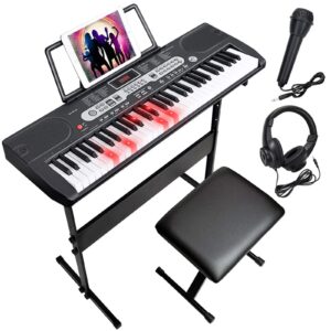 fujampe 61key keyboard piano w/lighted keys, lcd display, piano bench, microphone, headphones, note stickers, keyboard stand, music stand, electric portable piano keyboard for beginners