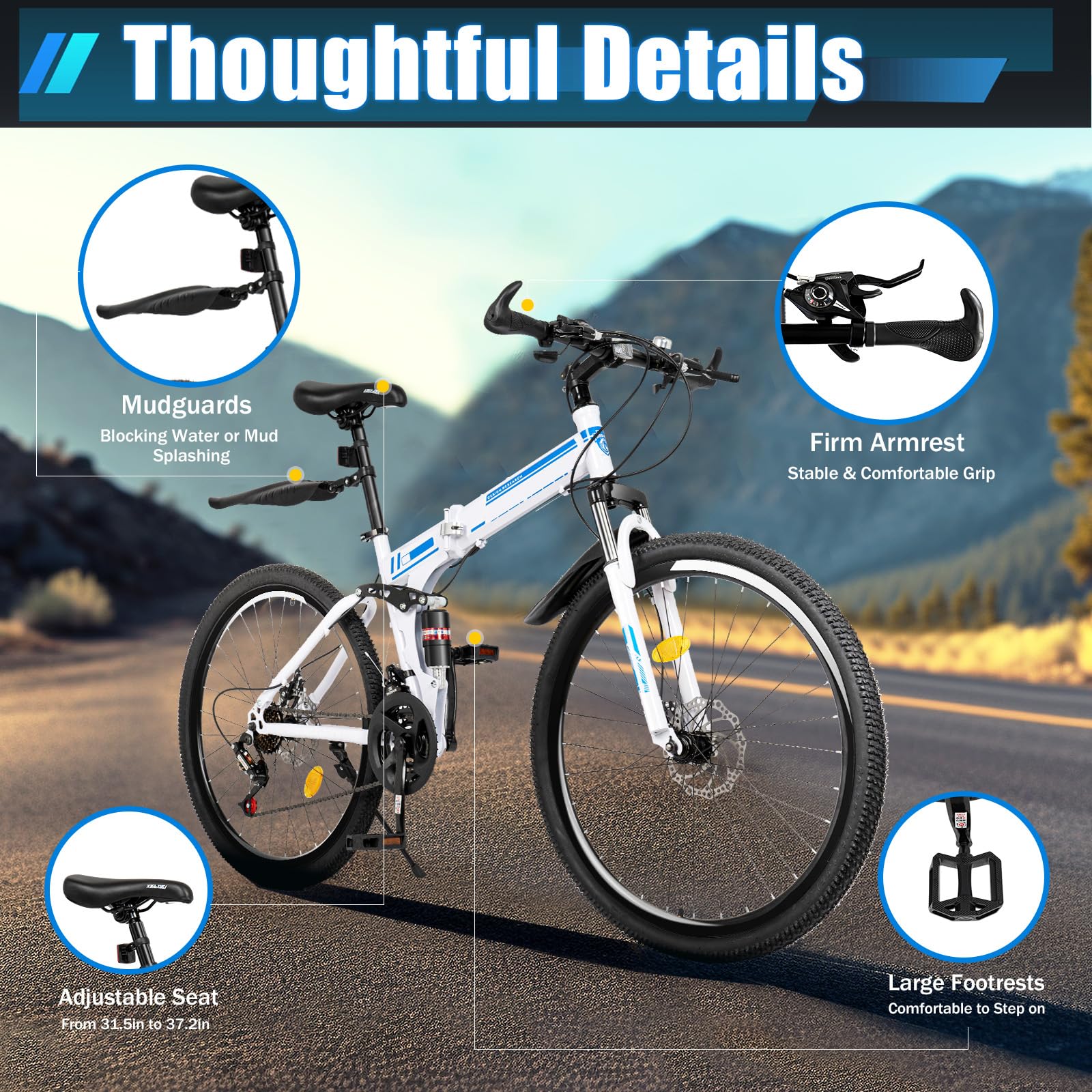 mignonnememe 26" Mountain Bikes 21 Speed Mountain Bicycles Foldable Road Bikes for Youth/Adult, Disc Brakes Front and Rear, Full Suspension, Blue & White