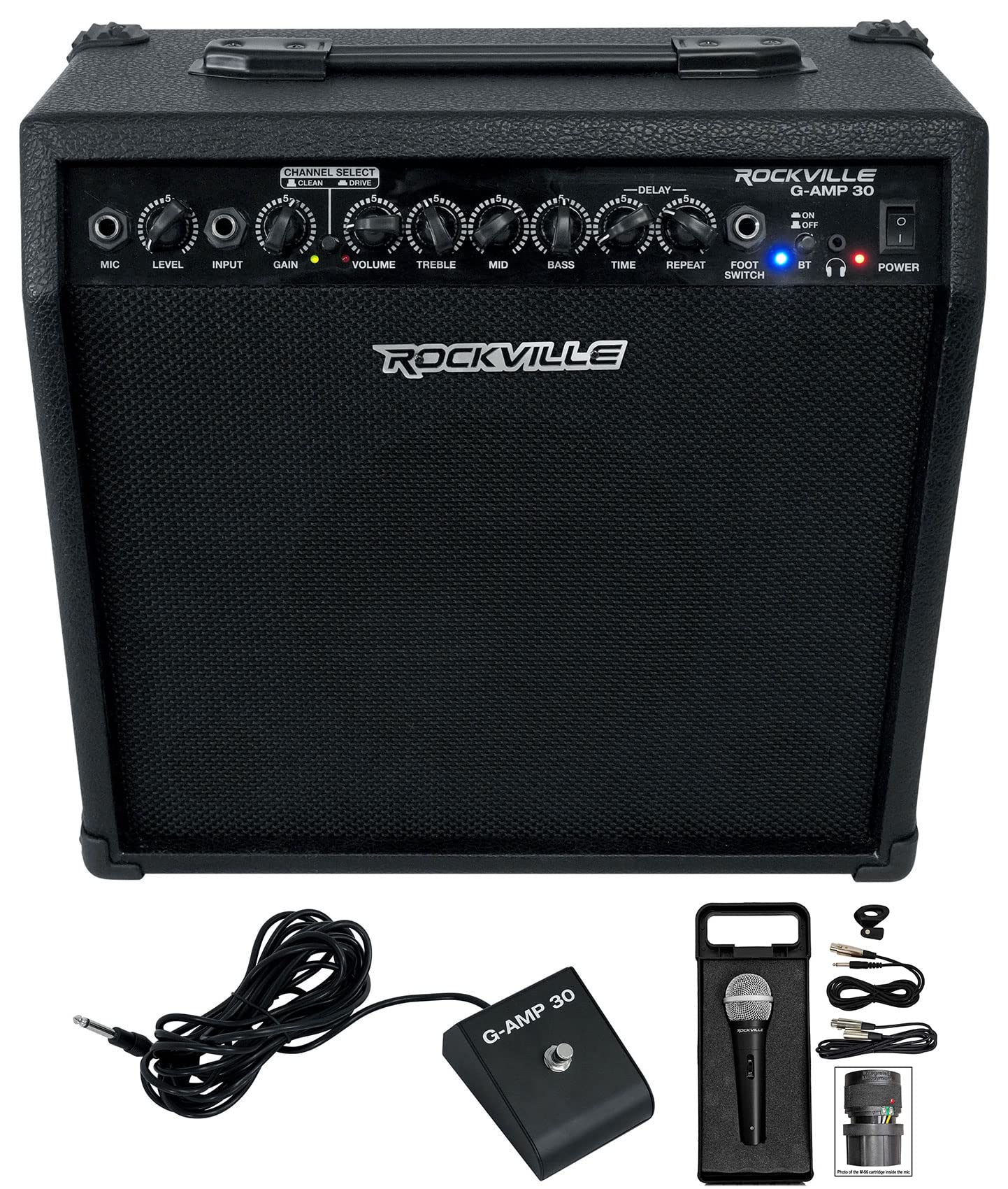 Rockville G-AMP 30 Watt Guitar Combo Amplifier Amp w/Bluetooth+Footswitch+Mic