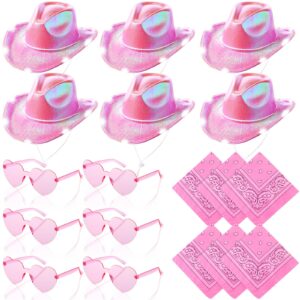 unittype 18 pack cowboy hat bride bachelorette cowgirl hat led cowboy hat with 6 glasses 6 bandana for women cowboy costume (pink)