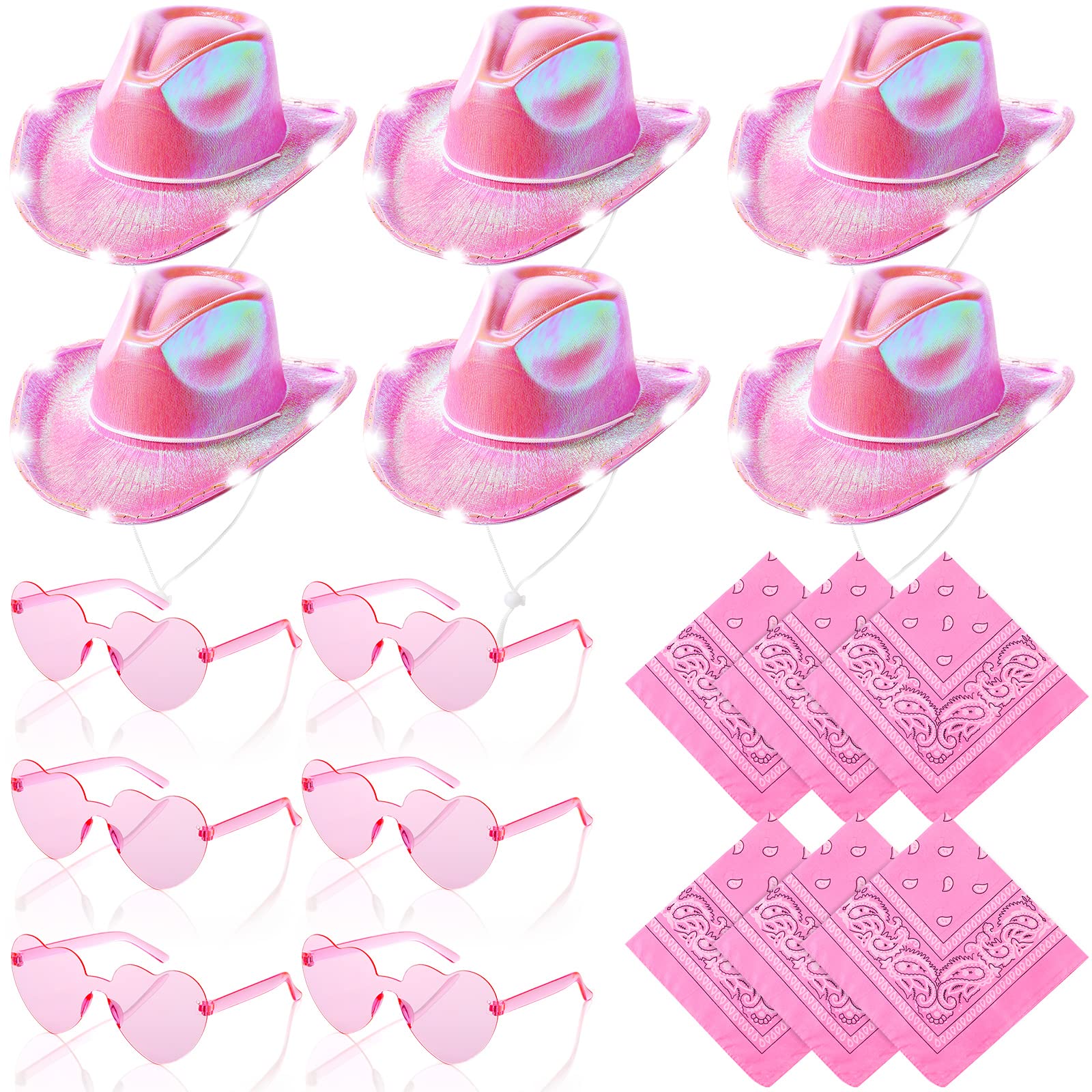 Unittype 18 Pack Cowboy Hat Bride Bachelorette Cowgirl Hat LED Cowboy Hat with 6 Glasses 6 Bandana for Women Cowboy Costume (Pink)