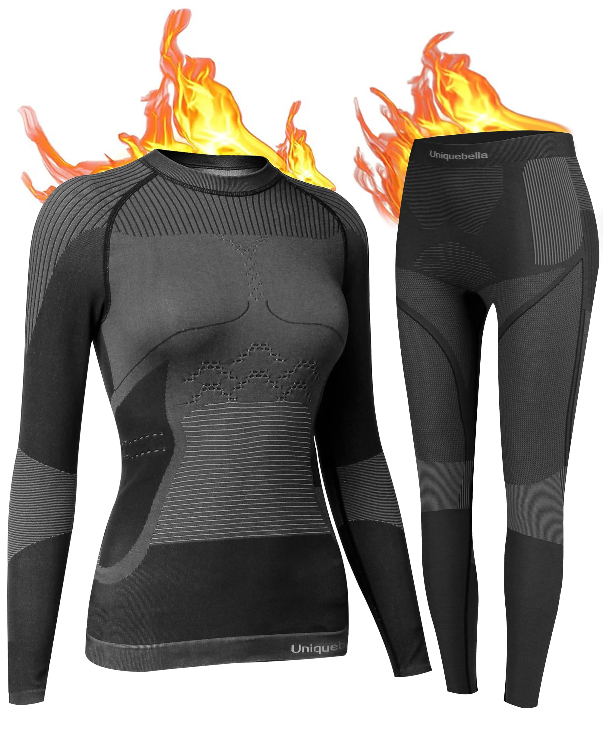 UNIQUEBELLA Womens Thermal Underwear, Thermal Base Layers Women - Ski Wear Ladies Compression Athletic Long Johns Skins Set Black