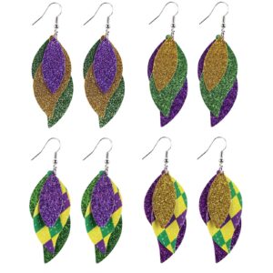 4 pairs colorful mardi gras theme leather dangle earrings shining layered leaf shape teardrop mardi gras earrings for women jewelry(b)