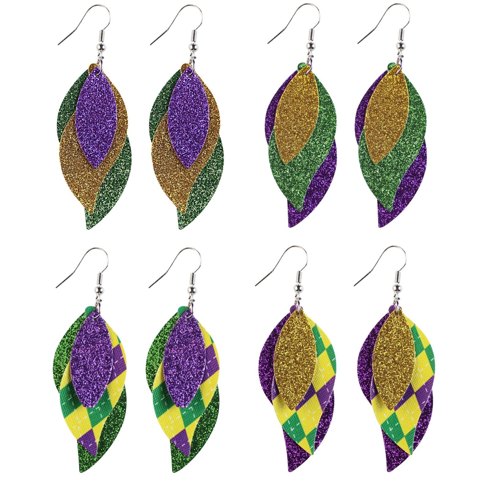 4 Pairs Colorful Mardi Gras Theme Leather Dangle Earrings Shining Layered Leaf Shape Teardrop Mardi Gras Earrings for Women Jewelry(B)