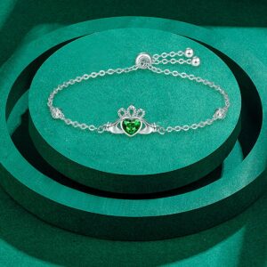 Dreamboat Claddagh Bracelet Irish Jewelry for Women Heart Bracelets Emerald Green Bracelets May Birthstone Bracelet Sterling Silver Adjustable Bracelets Birthday Gifts for Mom