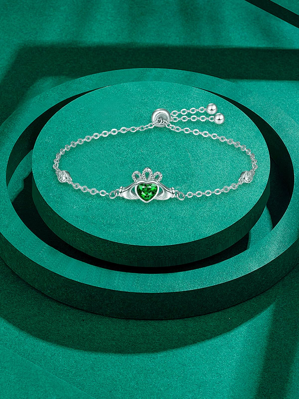 Dreamboat Claddagh Bracelet Irish Jewelry for Women Heart Bracelets Emerald Green Bracelets May Birthstone Bracelet Sterling Silver Adjustable Bracelets Birthday Gifts for Mom