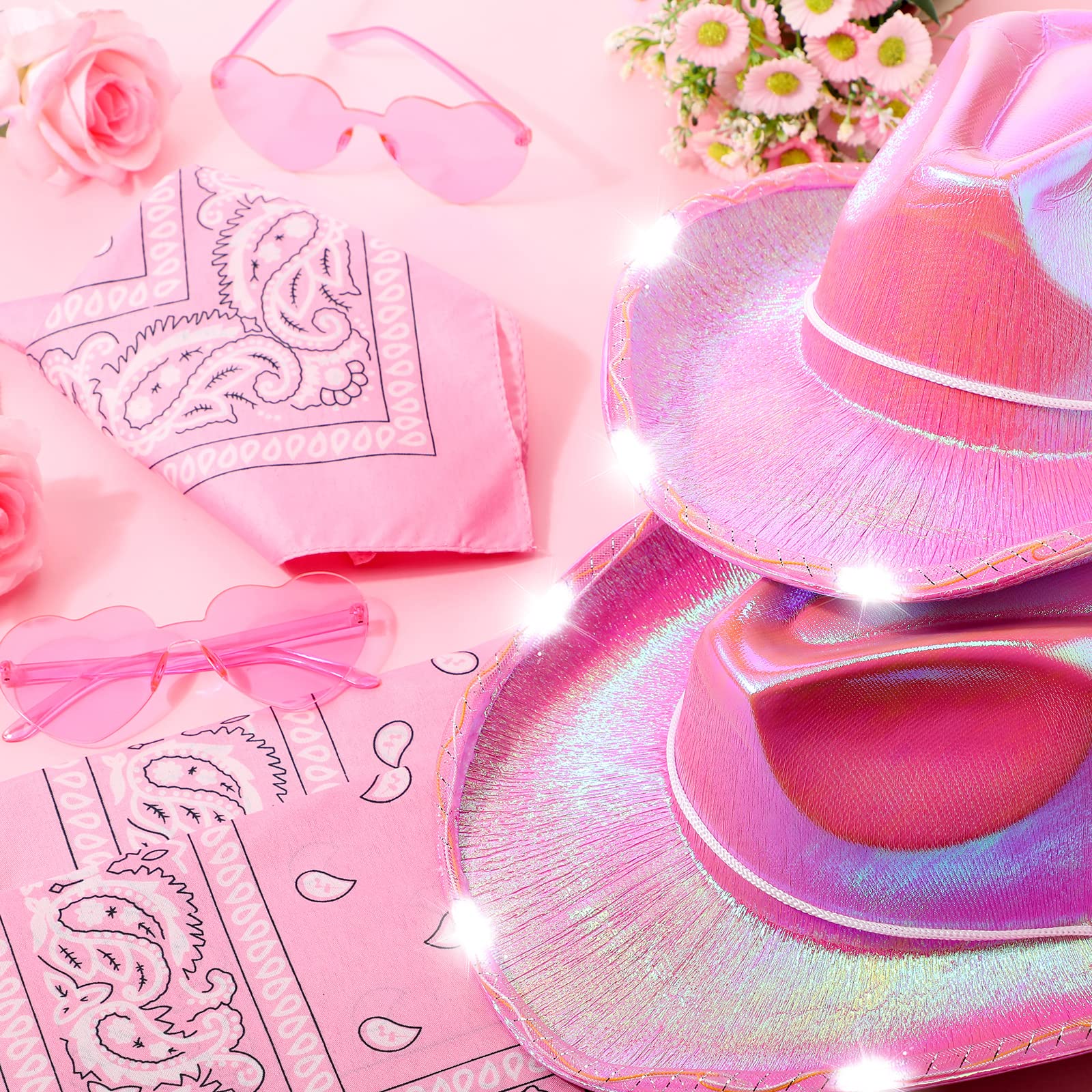 Unittype 18 Pack Cowboy Hat Bride Bachelorette Cowgirl Hat LED Cowboy Hat with 6 Glasses 6 Bandana for Women Cowboy Costume (Pink)