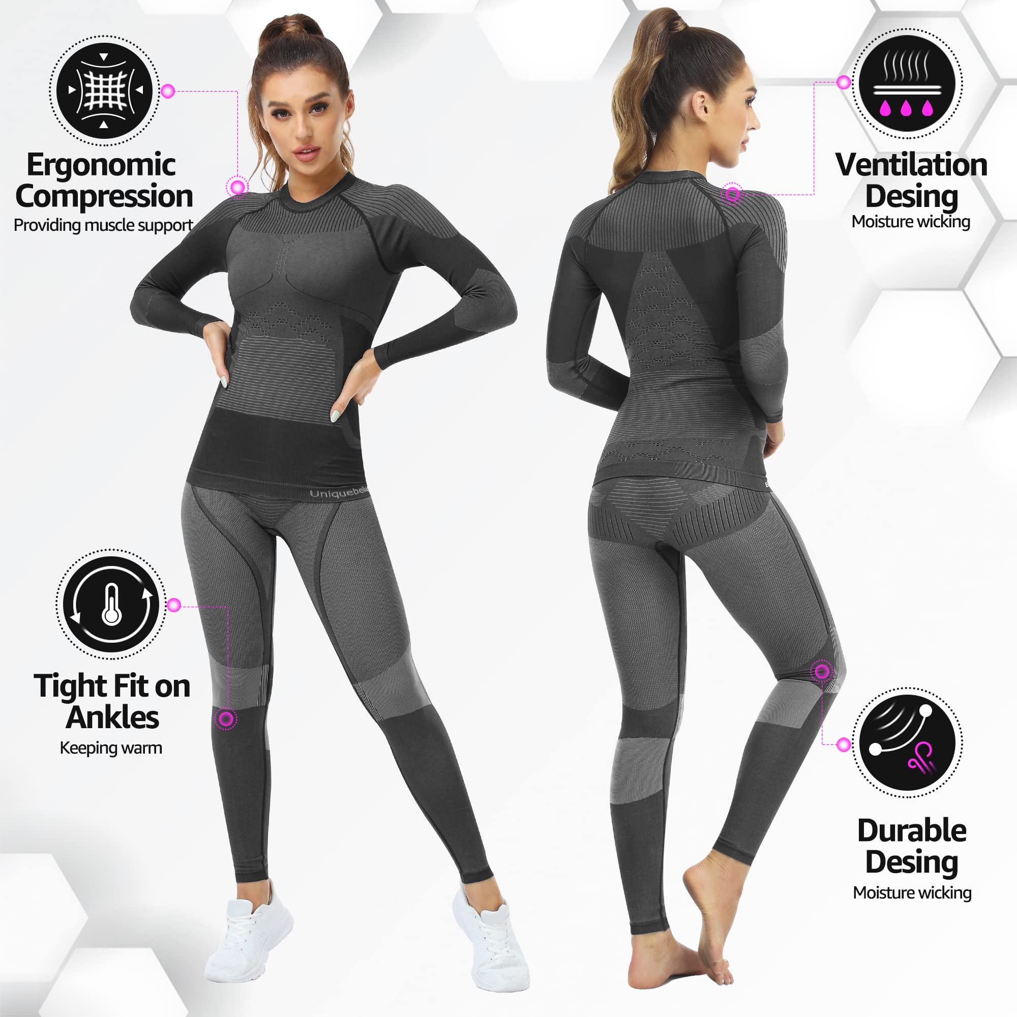 UNIQUEBELLA Womens Thermal Underwear, Thermal Base Layers Women - Ski Wear Ladies Compression Athletic Long Johns Skins Set Black