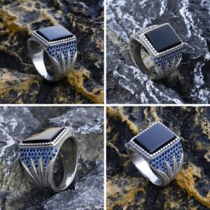 AROTOROM 925 Sterling Silver Ring with Solid Polished Rectangle Black Onyx Ring,Black Square Stone Turkish Ottoman Signet Rings, Sterling Silver Stone, Agate