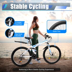 mignonnememe 26" Mountain Bikes 21 Speed Mountain Bicycles Foldable Road Bikes for Youth/Adult, Disc Brakes Front and Rear, Full Suspension, Blue & White