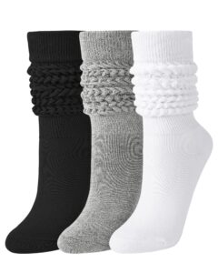 jocmic 3 pairs slouch socks women extra long knee high scrunch socks size 6-11 black+white+grey