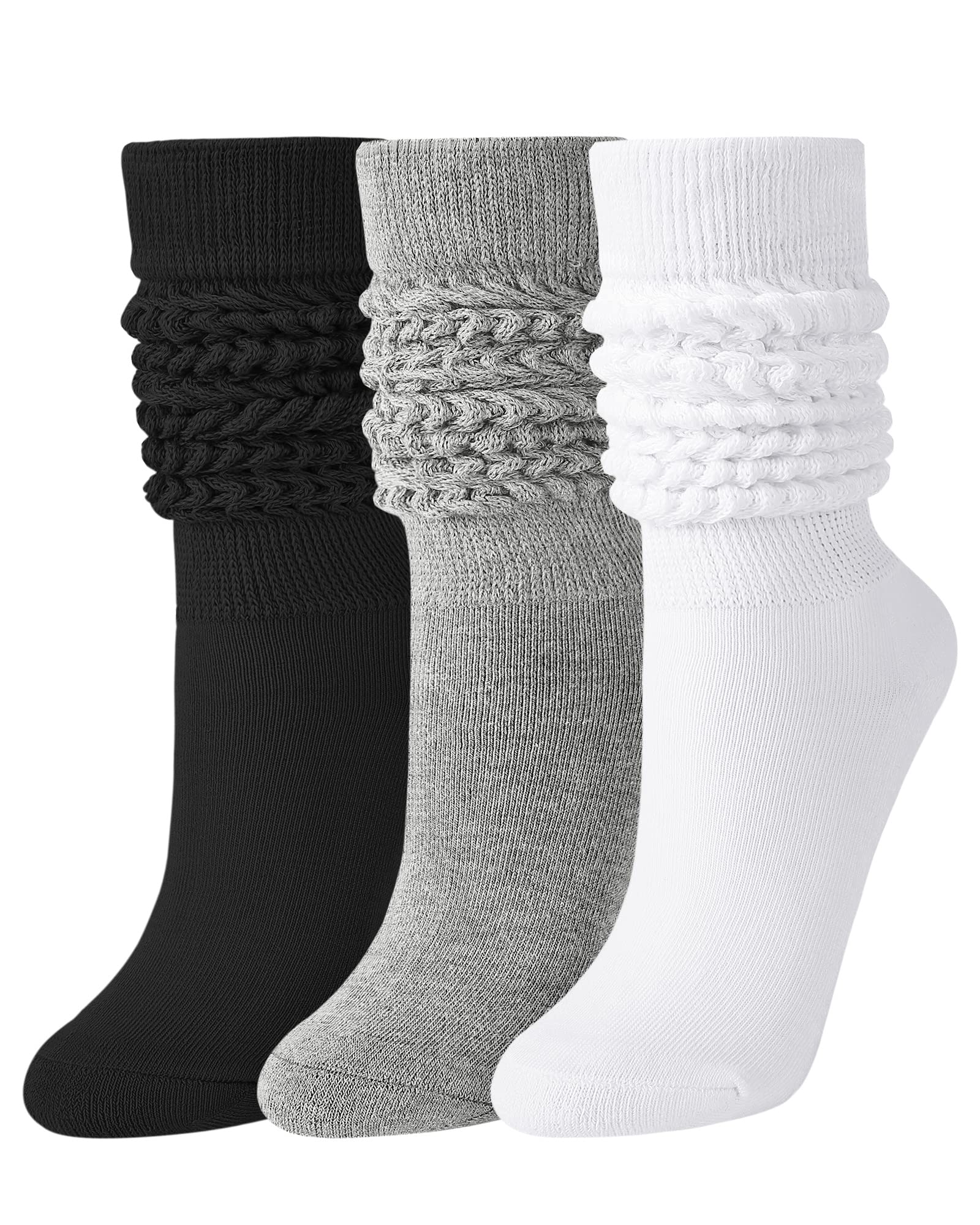 JOCMIC 3 Pairs Slouch Socks Women Extra Long Knee High Scrunch Socks Size 6-11 Black+White+Grey