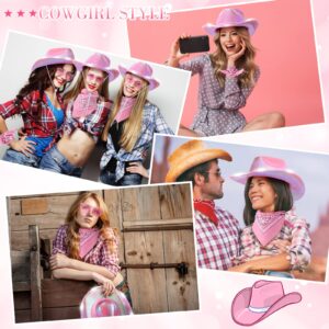 Unittype 18 Pack Cowboy Hat Bride Bachelorette Cowgirl Hat LED Cowboy Hat with 6 Glasses 6 Bandana for Women Cowboy Costume (Pink)