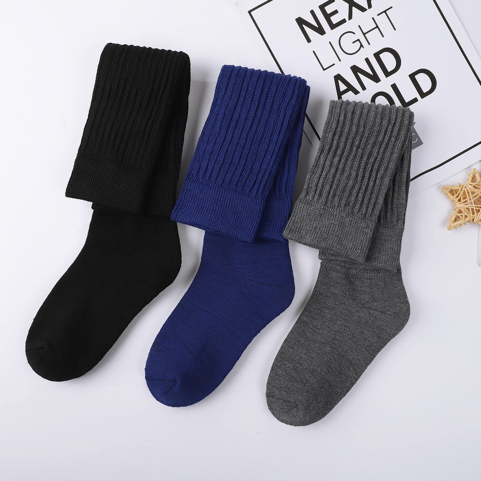 JOCMIC Slouch Socks for Woman 3 Pairs Women Scrunch Socks Extra Long Knee High Slouchy Socks Size 6-11 black+dark blue+dark grey