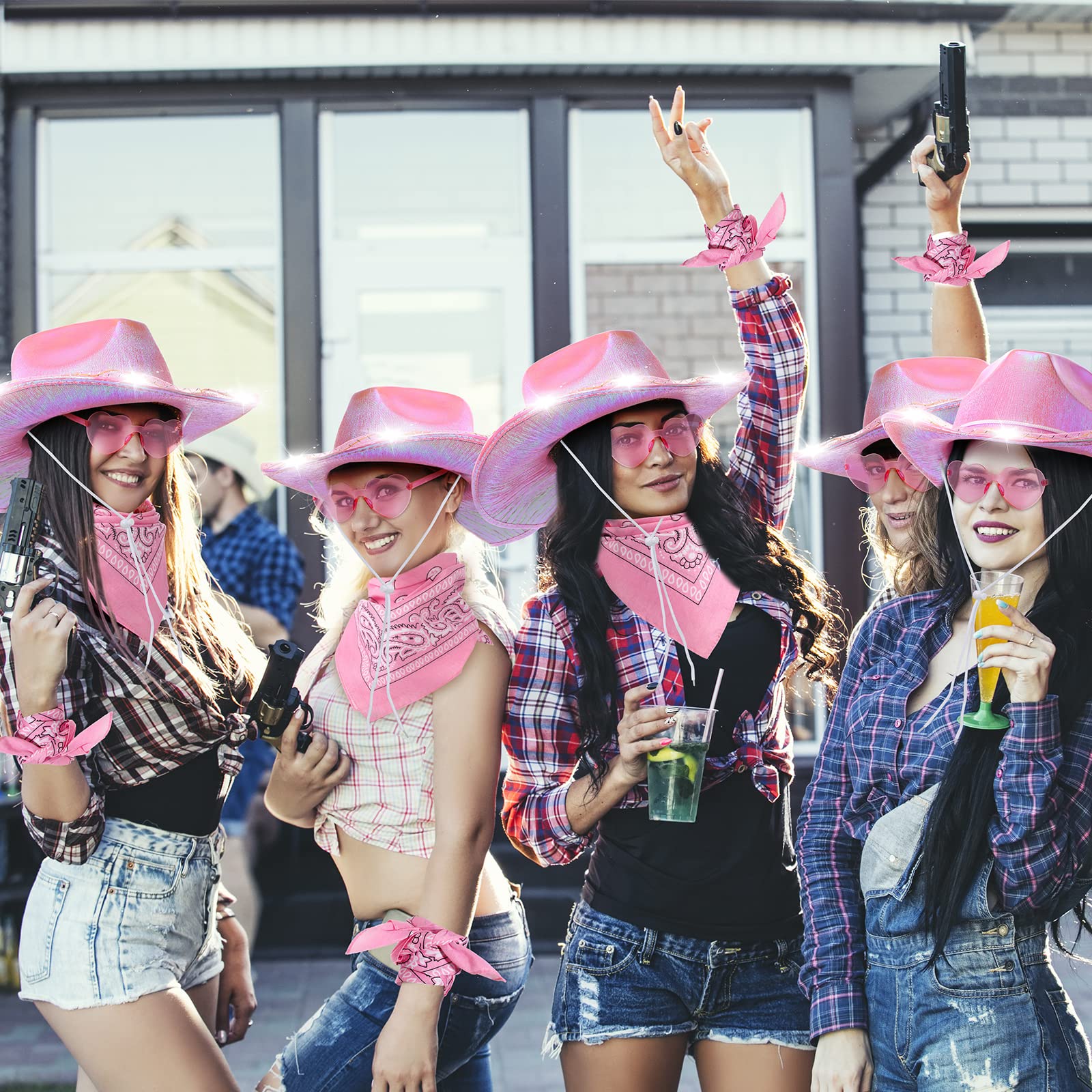 Unittype 18 Pack Cowboy Hat Bride Bachelorette Cowgirl Hat LED Cowboy Hat with 6 Glasses 6 Bandana for Women Cowboy Costume (Pink)