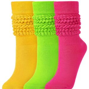 JOCMIC Slouch Socks for Woman 3 Pairs Women Scrunch Socks Extra Long Knee High Slouchy Socks Size 6-11 yellow+green+rose red