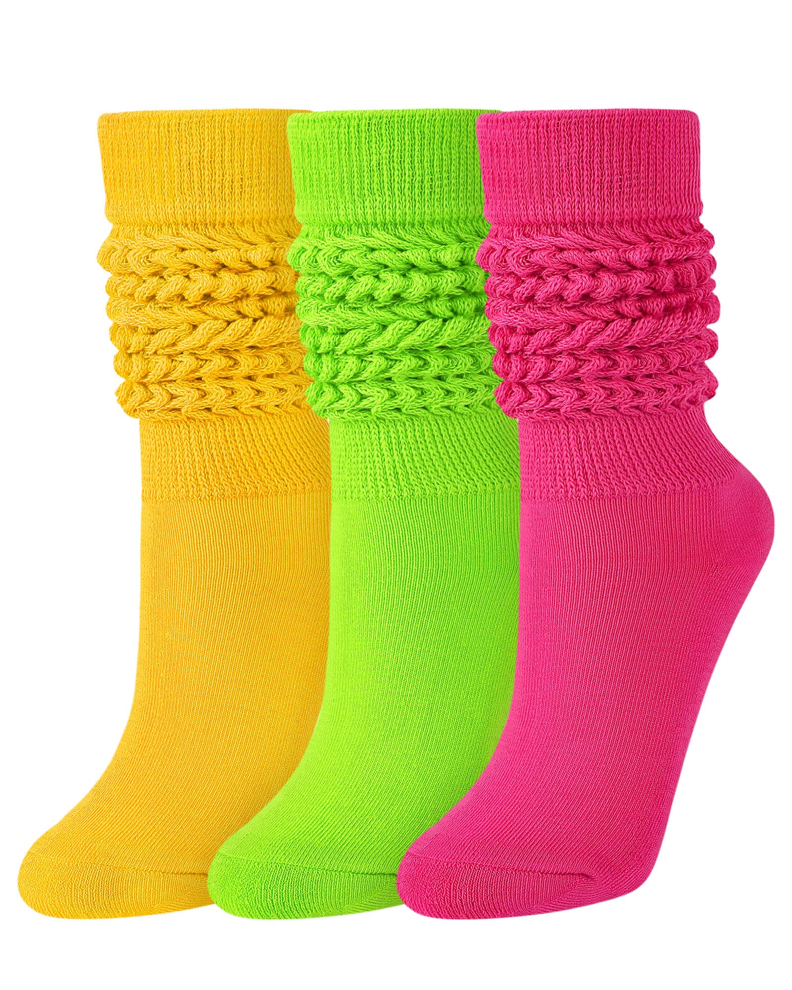 JOCMIC Slouch Socks for Woman 3 Pairs Women Scrunch Socks Extra Long Knee High Slouchy Socks Size 6-11 yellow+green+rose red