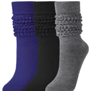 JOCMIC Slouch Socks for Woman 3 Pairs Women Scrunch Socks Extra Long Knee High Slouchy Socks Size 6-11 black+dark blue+dark grey