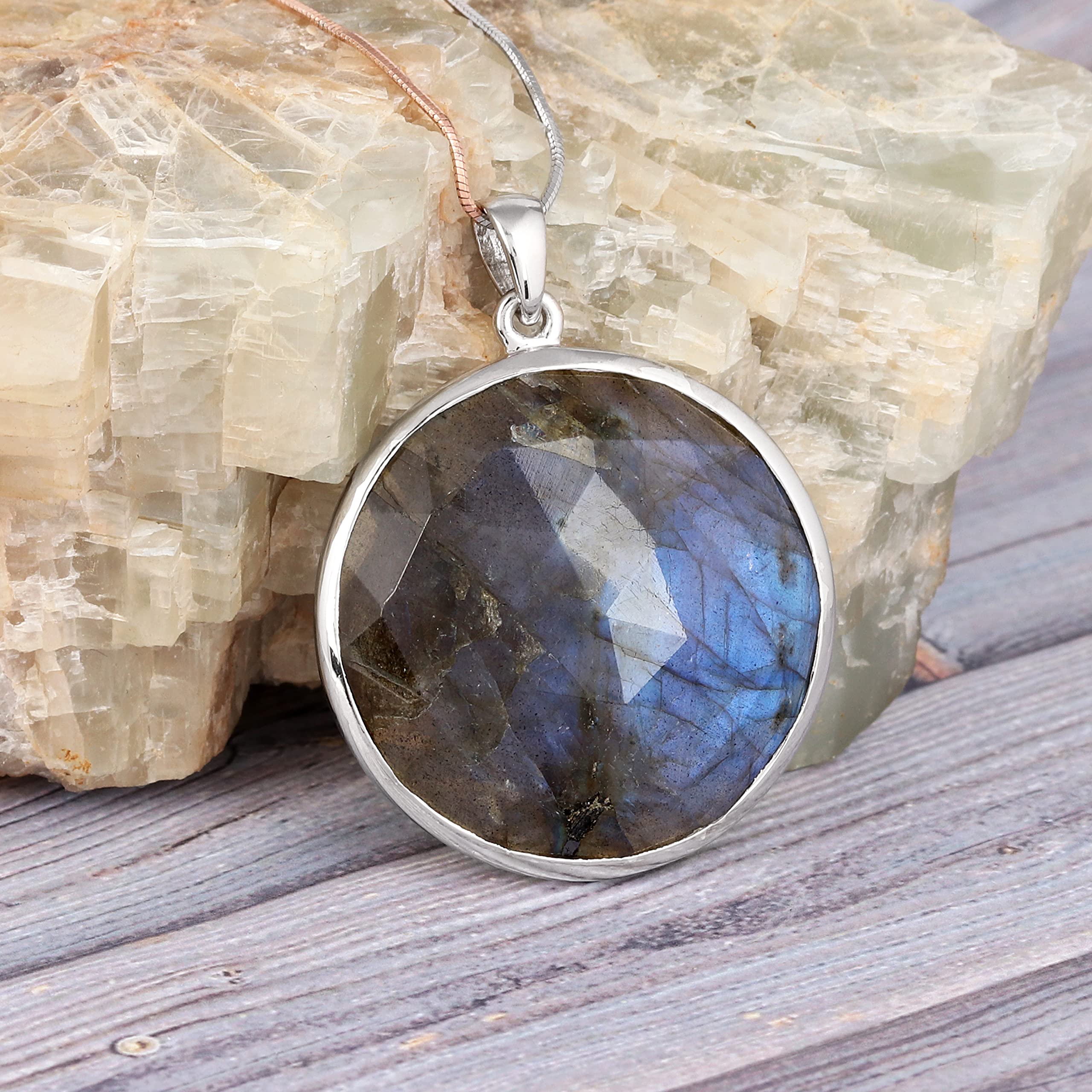 Gemshiner- Natural Labradorite 925 Sterling Silver Pendant Without Chain Birthstone Birthday Valentines Jewelry Gift for Women Girls Teens White Rhodium Plating