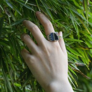 AROTOROM 925 Sterling Silver Ring with Solid Polished Rectangle Black Onyx Ring,Black Square Stone Turkish Ottoman Signet Rings, Sterling Silver Stone, Agate