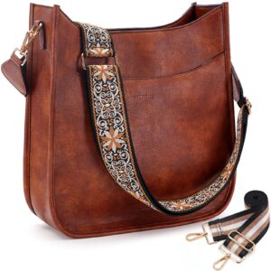 hkcluf crossbody bag for women trendy vegan leather hobo handbags women fashion shoulder bucket bags cross-body purse with 2pcs adjustable strap(dark brown)