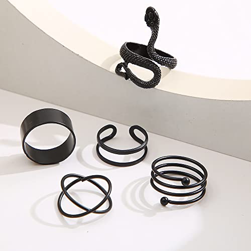 5Pcs Black Snake Rings Set for Women, Black Knuckle Snake Rings, Stackable Punk Goth Finger Midi Snake Rings Jewelry Gift for Her (A)